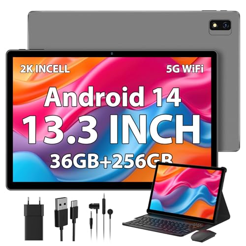 PIXPEAK 2K Tablet 13.3 Pollici & 5G WiFi, INCELL 2000 * 1200, 11580mAh/20W, 36GB RAM, 256GB ROM (2TB Espandibile), Android 14 Octa-Core, 13MP+8MP, Tablet in offerta con tastiera|Custodia (Grigio)