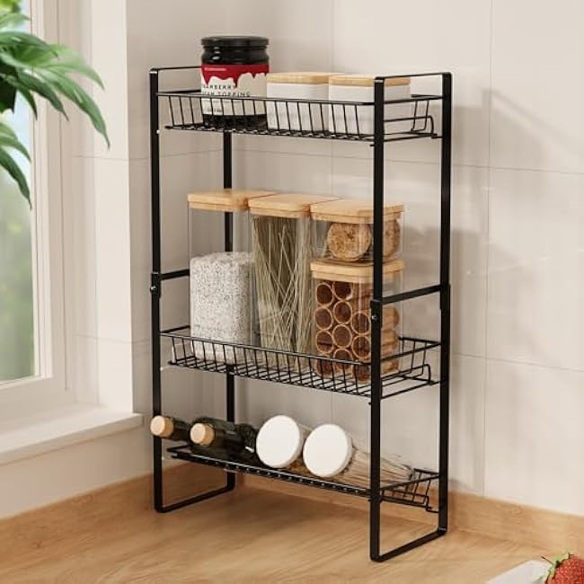 Spice Rack Countertop 3 Tier Narrow Slim Seasoning Storage Rack Metal Spice Shelf Stand Skincare Organiser for Bathroom Counter