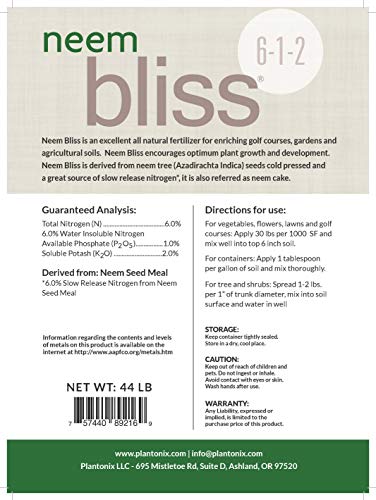 Neem Bliss - Premium Neem Seed Meal - All Natural Fertilizer For Organic Gardening And Soil Amendment - Protect Your Garden With Neem Cake Meal! (44 Lbs) #TOP1