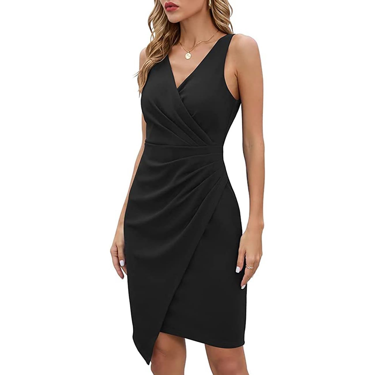 RPAEOY Vestido Fiesta Mujer Cuello En V Sin Mangas Plisado Delgado Vestidos Elegantes Sexy Cóctel Dress Bodycon de Boda Invitada Envolvente Negocios Negro