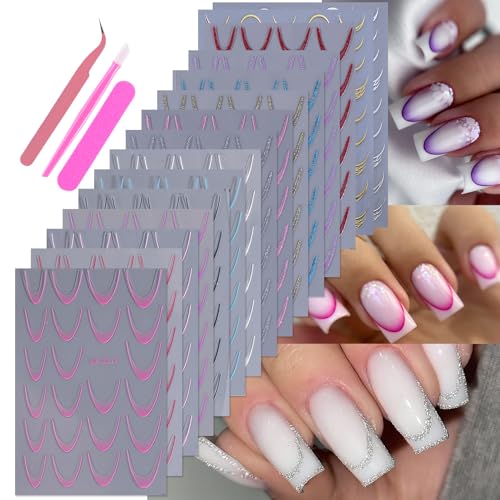 French Line Nail Art Stickers 15 Sheets Gradient Color Metallic
