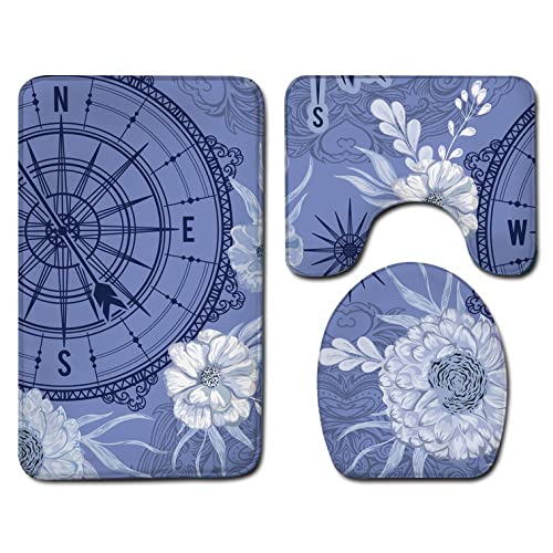 Badteppich Set,Badematten Teppich-Set 3-Teiliges Blumenkompass Im Böhmischen Stil 3D-Druck Rutschfeste Badematten Weiche…