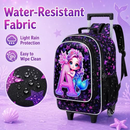 Image of CCJPX 18 inch Mermaid Rolling Backpack for Girls, 3Pcs Kids Wheeled Bookbag with Lunch Box, Lightweight Roller School Bag for Elementary Preschool (Black)