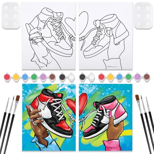 VOCHIC 2 Pack Couples Paint Party Kits Pre Drawn Canvas for Adults Paint and Sip Kit Date Night Games for Couples Painting (12x16 Inches, Sneakers)