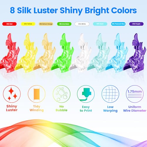 Image of MIKA3D 1.75mm 3D Printer Silk Shiny PLA Filament 8 Spools Bundle, Silk Luster Red Orange Yellow Green Cyan Blue Purple White 8 Most Popular Shining Colors, 0.25kg /Spool, Total 2kg
