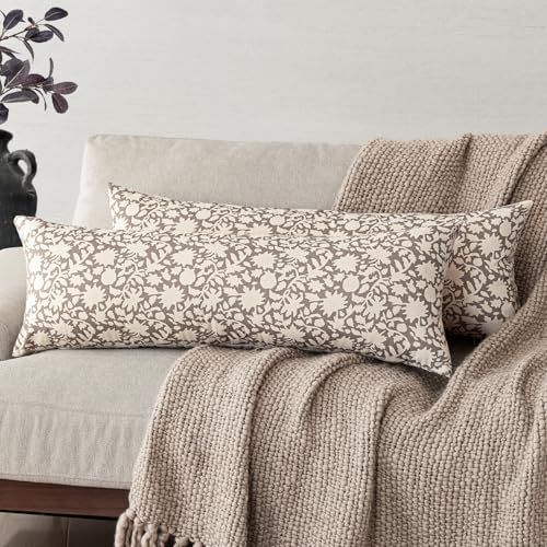 Image of Foindtower Set of 1 Decorative Floral Long Body Lumbar Throw Pillow Covers Neutral Farmhouse Cushion Covers Boho Vintage Pillowcase for Couch Sofa Bedroom Living Room Home Decor,14x36 Inch,Tan