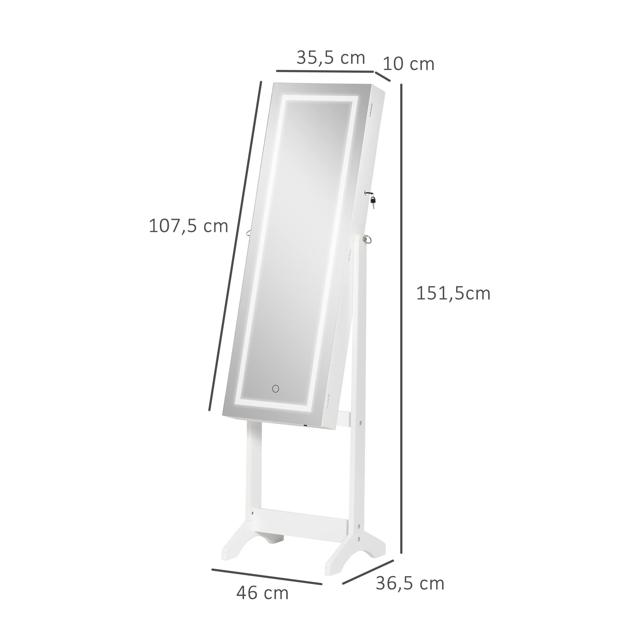 HOMCOM Espejo Joyero con Luces LED, Armario de Pie, Cierre Magnético, Blanco y Forro Negro