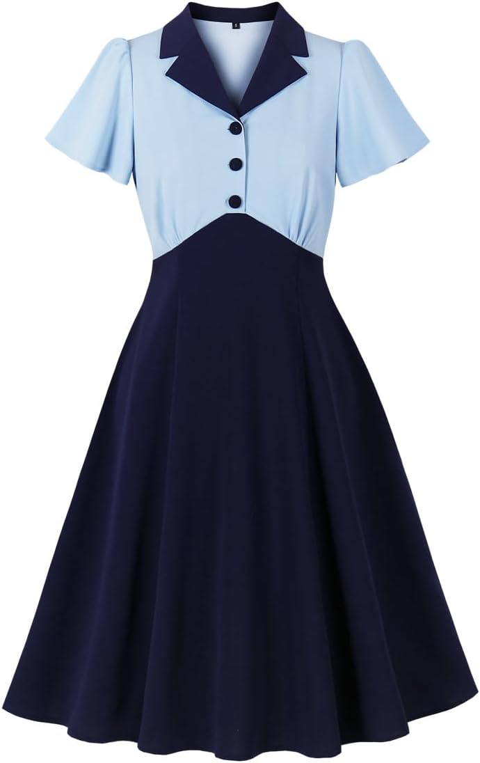 Wellwits Women's Flare Sleeves Color Block Work Party Vintage Blazer Dress