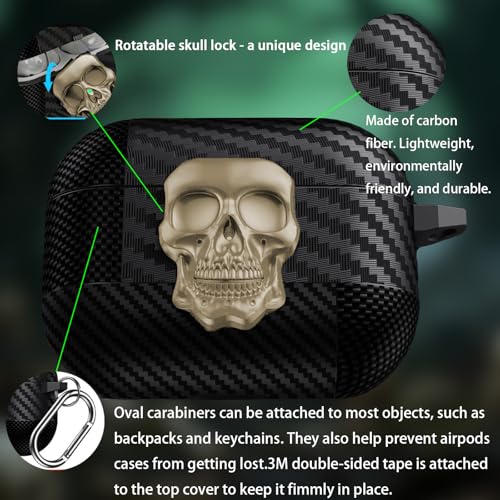 Image of for Hard AirPods Pro 3 Case 2025 | Funny 3D Skull Air Pods Pro 3 Case with Lock | with Keychain | Cool Carbon Fiber Airpods 3 Pro Cases for Man Women(Model A2700 /A2931)(Gold)