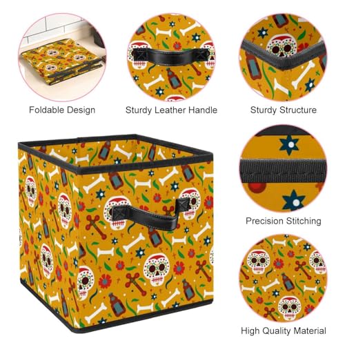 Boîte de rangement cube en tissu motif crânes avec poignées de transport - 5