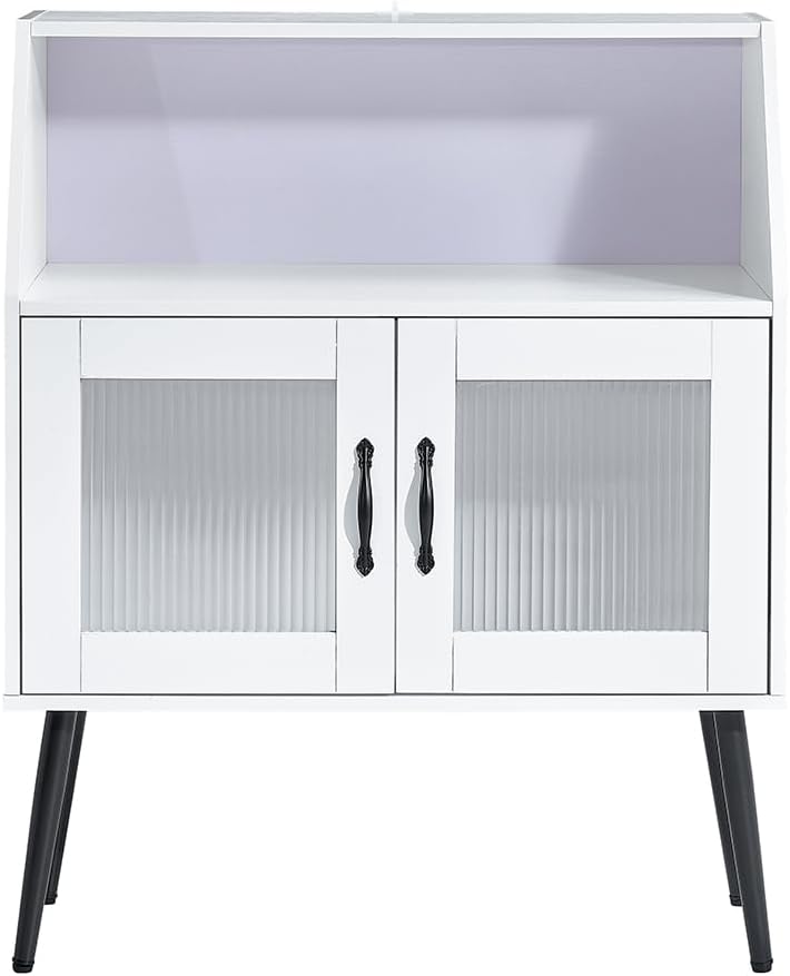 Sideboard Storage Open Shelf & Tempered Door Buffet Cabinet, MDF+Glass Side Table, for Dining Room Hallway Home Kitchen Cream White