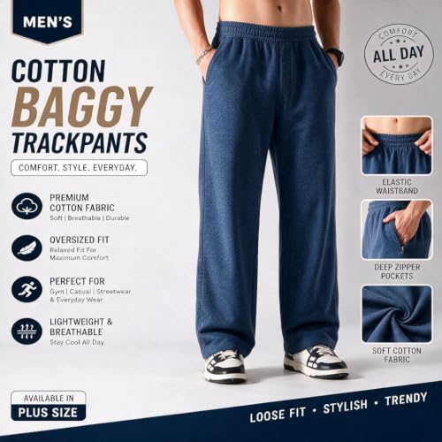 Image of MARK LOUIIS Men's Baggy Trackpants | Regular Fit Cotton Sweatpants with Drawstring Waist & Side Zipper Pockets | Oversized Casual Track Pants for Gym