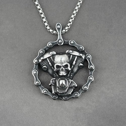 Pendentif chaîne mécanique et crâne, idée cadeau motard rock