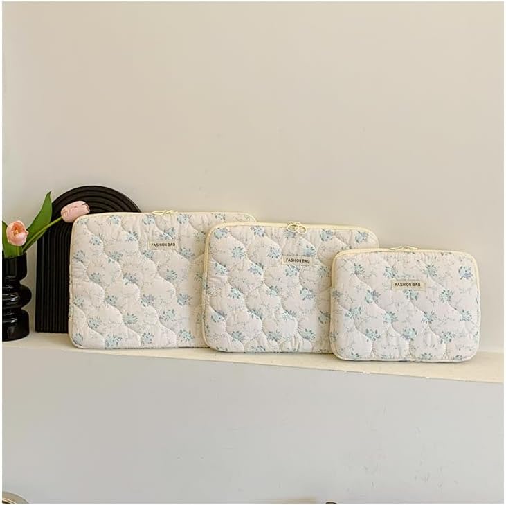 Fairycore Laptop Case for Women Floral Carrying Tablet Bag Cover Puffy Quilted Computer Liner Bag 11-15.6 Inch (13-14 Inch,White)