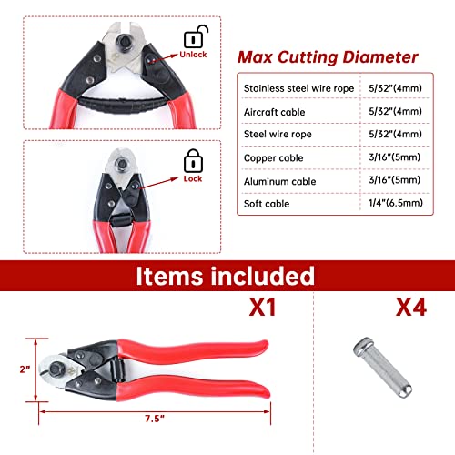 Muzata Bike Cable Cutter Wire Rope Heavy Duty Stainless Steel Aircraft Up To 5/32" For Deck Stair Railing Seal Metal Housing Fencing With 4Pcs Bike Bicycle Cable Cap End M015, Ct1 #TOP1