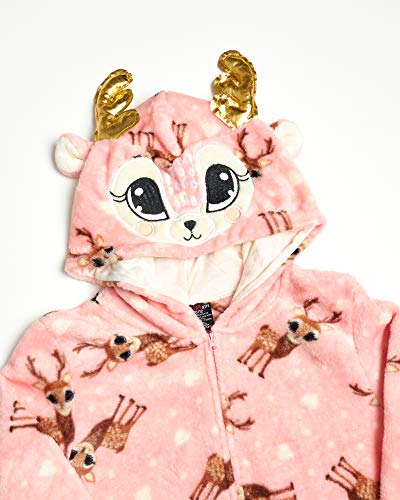dELiAs Girls Coral Fleece Onesie Pajamas with Character Hood (Pink Reindeer, 10-12) - Thumbnail 6