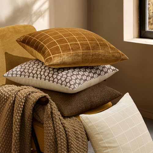 Image of MIULEE Brown Sugar Plaid Fall Decor Throw Pillow Covers 20x20 Set of 2 | Vintage Check Chenille Couch Pillows Boho Farmhouse Cushion Covers Modern Fall Home Decor for Sofa Bed Living Room