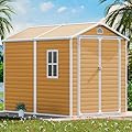 CDCASA 8x6 FT Resin Storage Shed, Waterproof Large Outdoor Shed with Floor & Lockable Door & Window & Vents, Plastic Tool Shed for Backyard, Patio, Poolside, Lawn, Wood Grain - Brown
