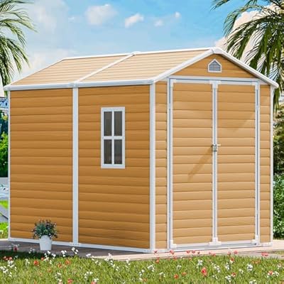 CDCASA 8x6 FT Resin Storage Shed, Waterproof Large Outdoor Shed with Floor & Lockable Door & Window & Vents, Plastic Tool Shed for Backyard, Patio, Poolside, Lawn, Wood Grain - Brown