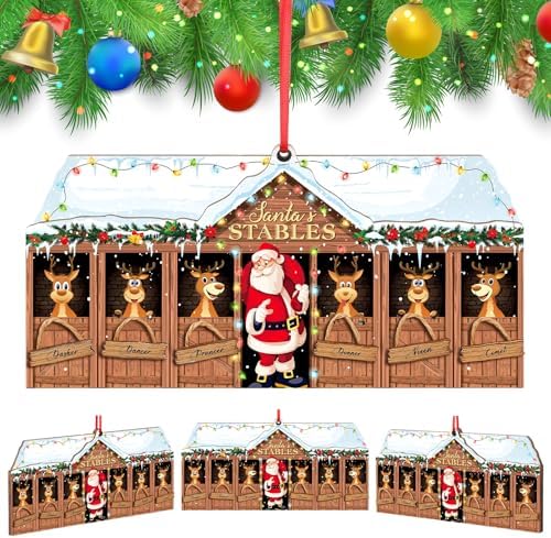 Roowest 2 Pcs Christmas Tree Ornaments 2025 Wooden Reindeer Stable Hanging Decor Farmhouse Christmas Deer Tree Decor Rustic Xmas Santa Holiday Party Gift for Fireplace Wall Door (Wood Color,Snata)