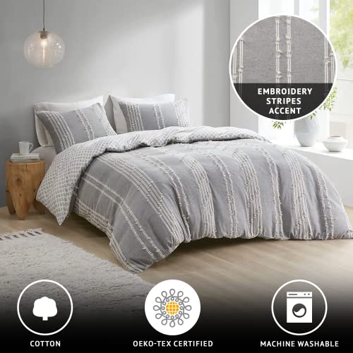 Image of INK+IVY Cotton Duvet Cover Queen Size - 100% Cotton Duvet Cover Set, Boho Bedding Set for All Seasons Farmhouse Bedding Duvet & Sets with 2 Pillowcase, Jacquard Stripes, Grey 3 Piece Full /Queen