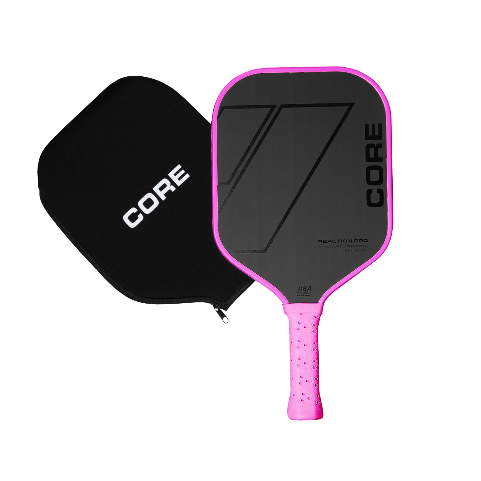 CORE Pickleball - Reaction Pro Carbon Fiber Pickleball Paddle | T700 Carbon Fiber Surface | Cushioned Comfort Grip | Honeycomb Polymer 16mm Core | Superior Spin Control