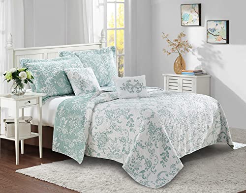 Home Soft Things La Boheme 5 Piece Quilted Printed Bed Spread Cover King 102" X 90" Quilt Set With Shams Accent Pillows, Teal White Lightweight Reversible Coverlet Bedding Set #TOP1