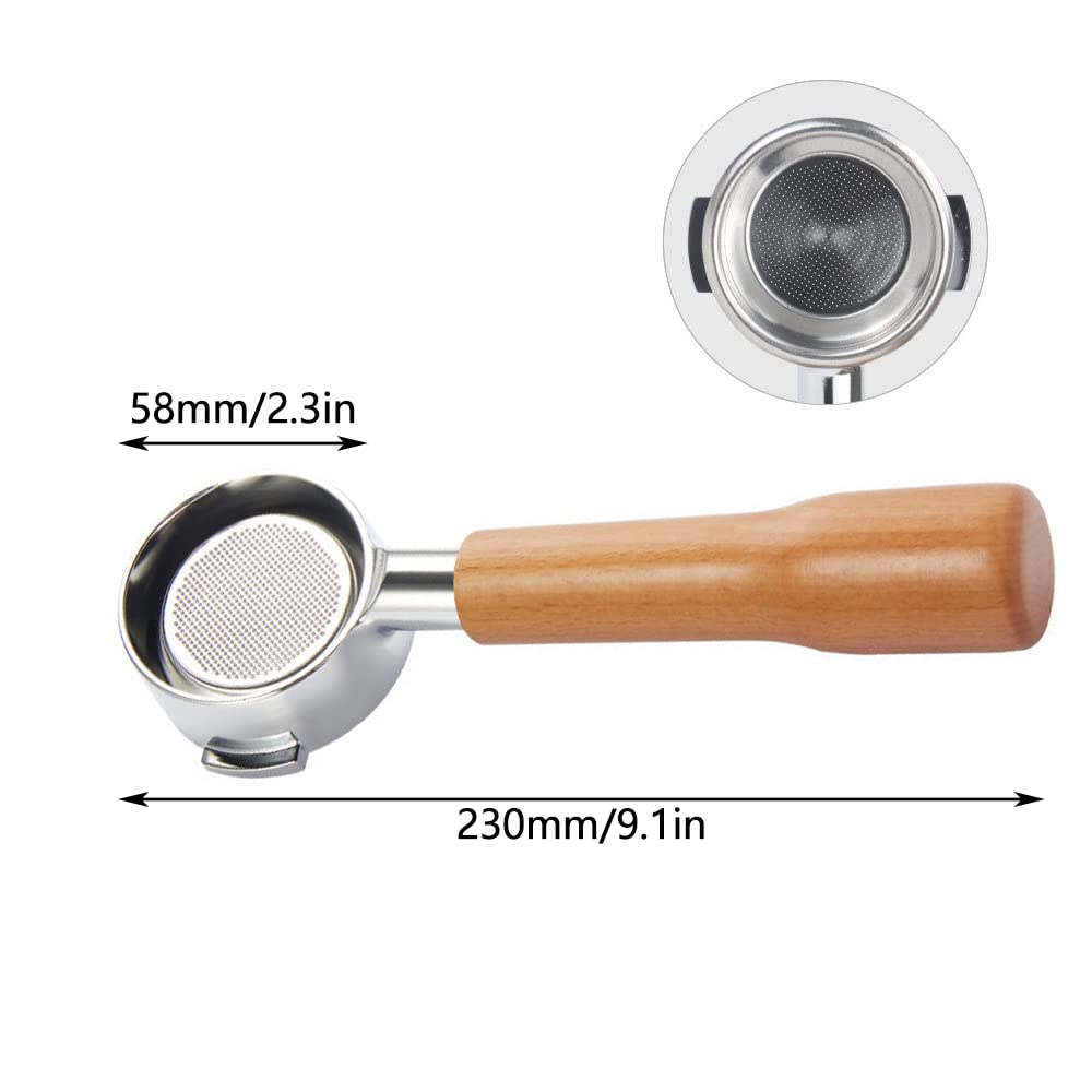 Juego de portafiltros sin fondo de 58 mm, reutilizable, con mango de palisandro, compatible con cafeteras E61, compatible con Expobar Gemilai Rocket, incluye 1 cesta de filtro de taza