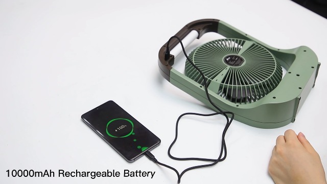 Ventilateur De Camping Rechargeable 10000mAh Avec Lumière LED - 4 Vitesses - Port USB Power Bank - Crochet 360° - Pour Tente, Bureau, Extérieur