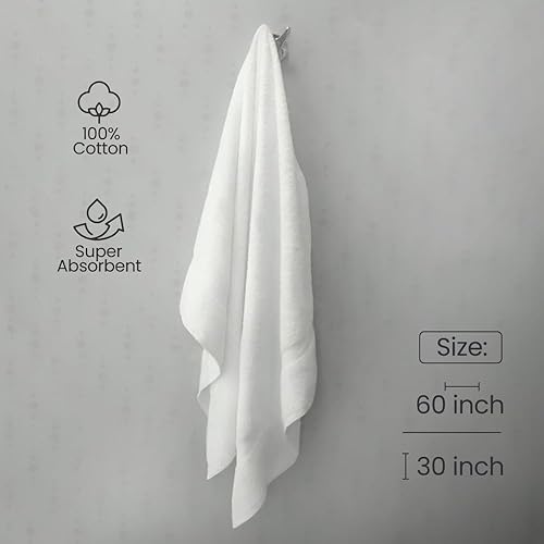 Miniatura 5 de MIZT Toalla de baño grande, toalla 100% algodón, 30 x 60 pulgadas, peso ligero, súper absorbente, secado rápido, toallas para uso diario (blanco)