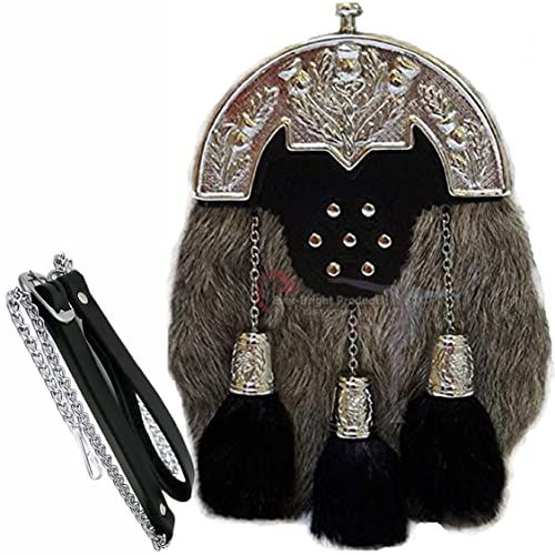 Full dress Sporran With grey Goat Fur With Chrome Cantel (Free Belt Included)