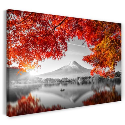 Printistico Impression sur toile (80x60 cm) montagne au bord du lac, arbre aux feuilles d'érable rouge - photographie nature, paysage, cadre en bois...
