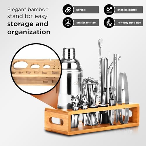 Mixology Bartender Kit with Japanese Jigger & Bamboo Stand - 25 Piece Stainless Steel Cocktail Making Set, Shaker, Strainer, Mixer, Spoon, Muddler, Barware Tools - Birthday Gifts & Anniversary - Thumbnail 2