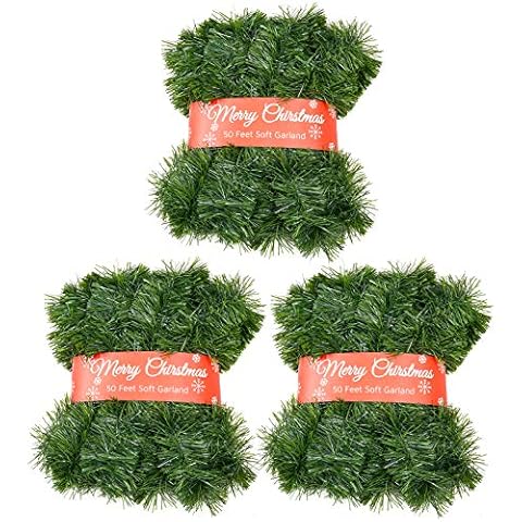 Zhenrui 3 Pack 50 Foot Soft Christmas Garland, Non-lit Christmas Garland Ideal for Indoor and Outdoor Decor, Green Tinsel Garland for Holiday Wedding Party Decoration Cover