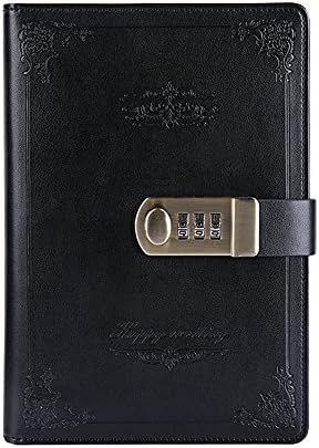JunShop Digital Password Journal with Lock Retro Privacy Diary with Combination Lock Leather Binder Notebook Locking Journal Diary (Black)
