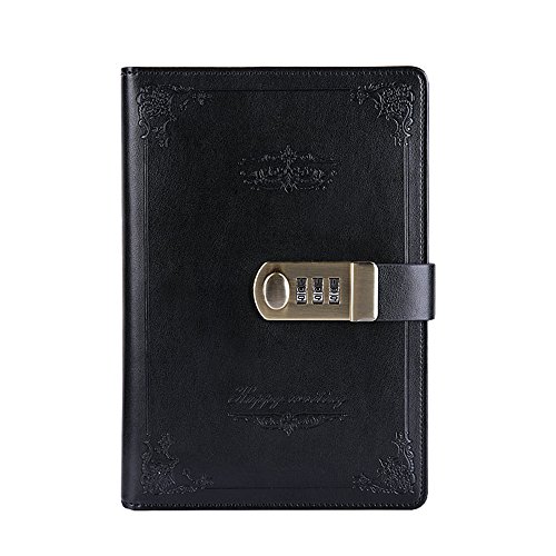 Junshop Digital Password Journal With Lock Retro Privacy Diary With Combination Lock Leather Binder Notebook Locking Journal Diary (Black) #TOP1