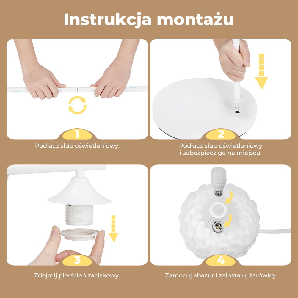 OUSFOT Lampa Podłogowa 153 CM, 230 V | Gniazdem E27, Biała, łatwa w Montażu, do Sypialni, Salonu, Gabinetu (Żarówka nie Jest Dołączona)