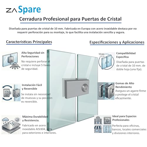 Miniatura 4 de Zaspare- Cerradura Para Puerta De Cristal Sin Perforación En Acero Inoxidable Aisi 304, Alta Seguridad Con 5 Llaves, Ideal Oficinas Y Locales Profesionales, Compatible Con Puertas De Cristal De 10 Mm.