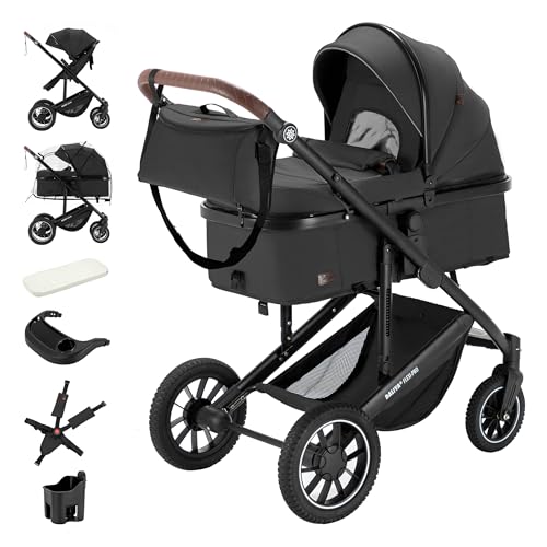 Daliya® FLEXI-PRO M 2in1 Kombikinderwagen & Buggy – XXL-Set, Reise-Kinderwagen mit Einhand-Abnahme, Wetterschutz, Sportsitz, Wickeltasche, Spieltisch, Regenschutz, dicke Matratze (Dunkelgrau Leinen)
