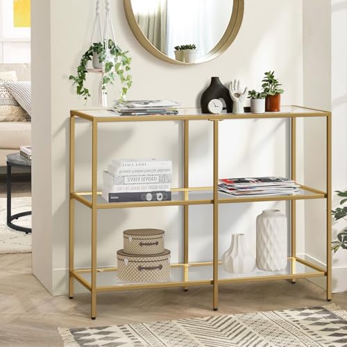Oikiture Console Table Tempered Glass Sofa Table Hall Side Entry 3 Shelves Gold