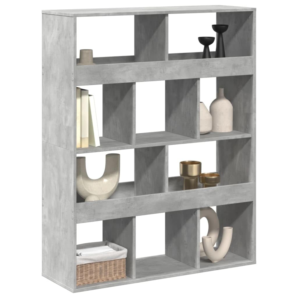 Divisorio grigio cemento, 100 x 33 x 125,5 cm, ripiano in legno con 10 scomparti, alto per libri, stoccaggio in soggiorno, ufficio