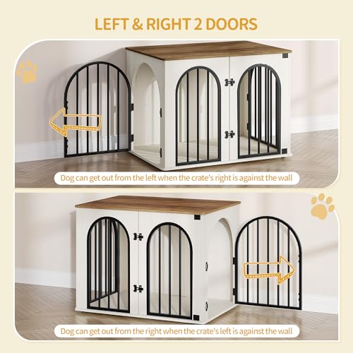 Hzuaneri Hundekäfig Möbel, 80cm Hundebox für Zuhause, 3 Türen, Bogentür, Moderne Hundebox Indoor für Hunde, Beistelltisch, Hundekäfig Hochbelastbar, 80 x 56 x 61 cm, Weiß Braun DFC85114B