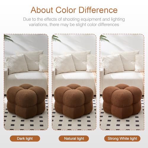 Image of Zesthouse Square Pouf Ottomans Footstool Set of 2, Upholstered Poofy Ottoman for Couch Sofa, Modern Ottoman Coffee Table for Living Room, Rust Brown Boucle Fabric Stool Foot Rest, Cute Vanity Chair