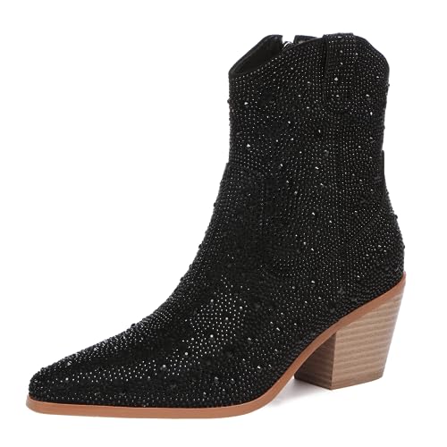 Image of olomisa Rhinestone Booties for Women, Sparkly Cowgirl Boots Pointed Toe Chunky Heel Rhinestone Cowboy Ankle Booties