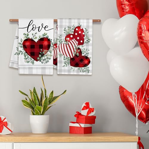 Image of FUTBU Valentines Day Kitchen Towels Set of 2, Red Buffalo Plaid Heart Love Dish Towels 18x26 Inch Drying Dishcloth,Valentine Day Decorations Farmhouse Home Seasonal Decoration