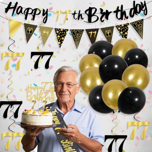 Image of 77th Birthday Decorations for Men, Black Gold 77th Party Decoration Kits