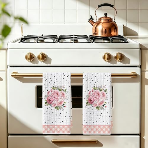Image of 2Pcs Flower Kitchen Towels 24x14 Inch, Pink Floral Grid Reusable Microfiber Dish Towels, Waffle Weave Hand Tea Towel for Kitchen Home Bathroom Farmhouse Decor, Flowers Gifts for Women Friend