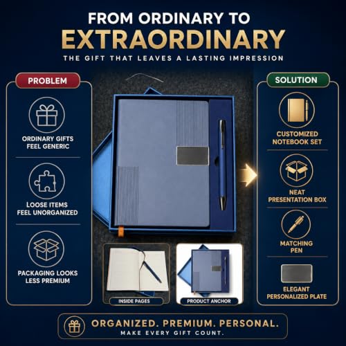 Image of Teak Wood Customized Diary and Pen With Name - 2 in 1 Corporate Gifts Ideas | Perfect Corporate Gifts for Employees & Clients | Premium CorporateGifts for Any Occasion (Blue)