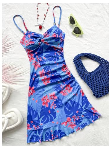 Image of Floerns Women's Summer Tropical Twist Front Ruched Ruffle Hem Bodycon Cami Dress