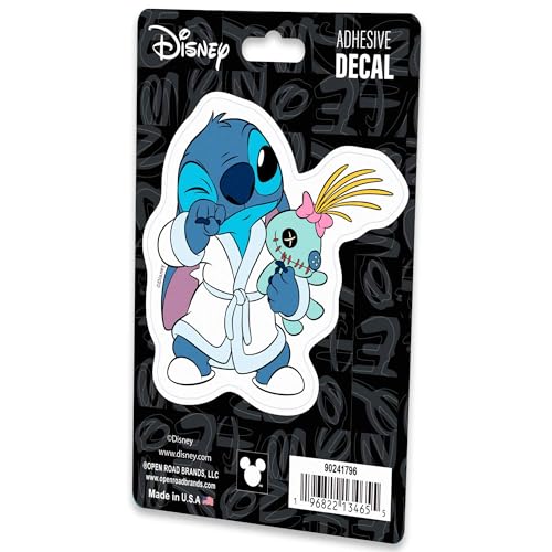 Image of Disney Lilo and Stitch in Robe Adhesive Vinyl Decal - Fun Sleepy Stitch with Scrump Sticker for Car or Truck